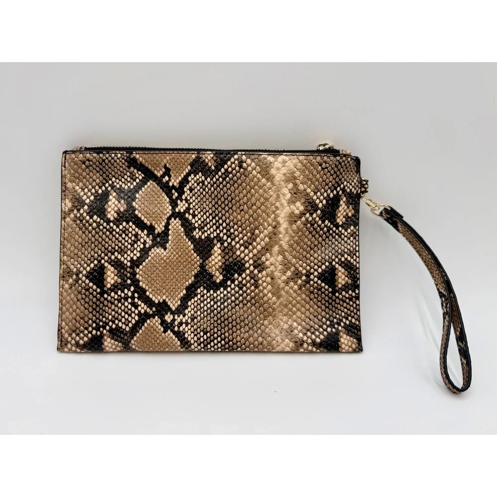 Snakeskin Print Wristlet Clutch Bag Brown Tan Faux Leather Zip Top Card Slots‎